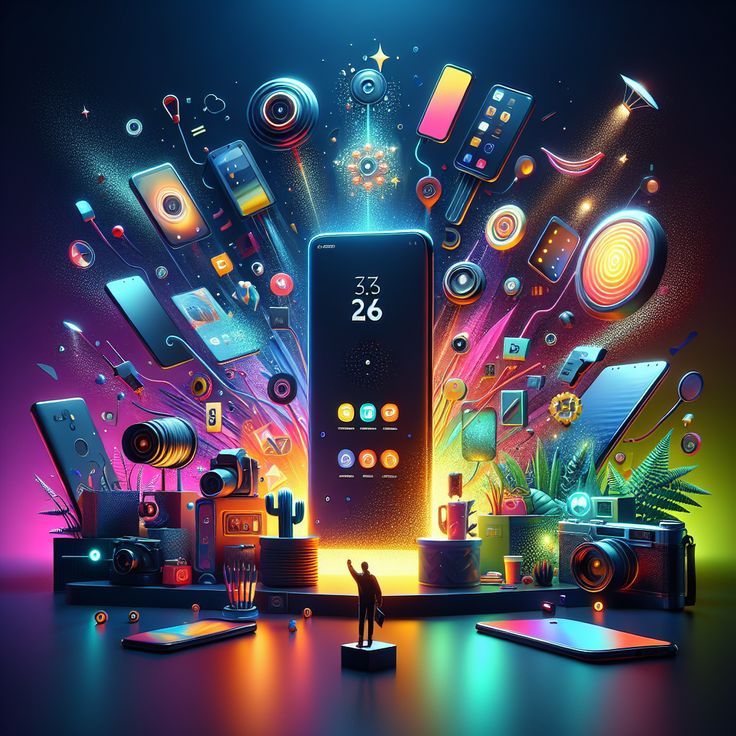 Smartphones, earbuds, cameras, cables and chargers bursting out of a phone screen in neon colour